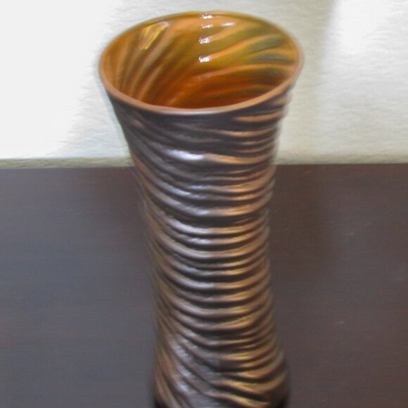 Unusual Large Textured Glass Vase with Bronze Finish and Orange Interior - Picture 2 of 3